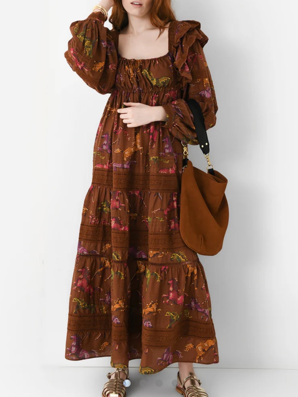 FARM Rio Brown Dotted Horses Ruffled Maxi Dress with Square Neckline. Size S - Picture 13 of 16